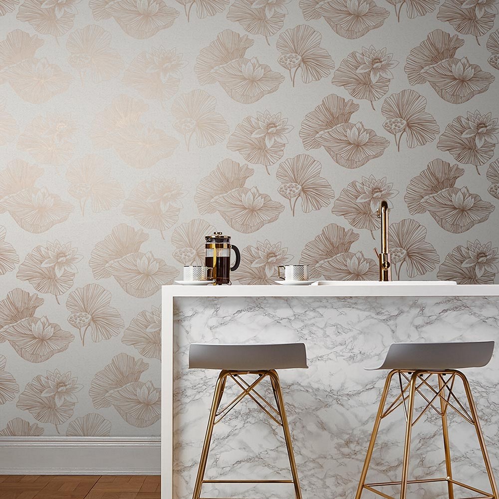 Lotus Floral Wallpaper 105934 by Graham & Brown in Cream Rose Gold